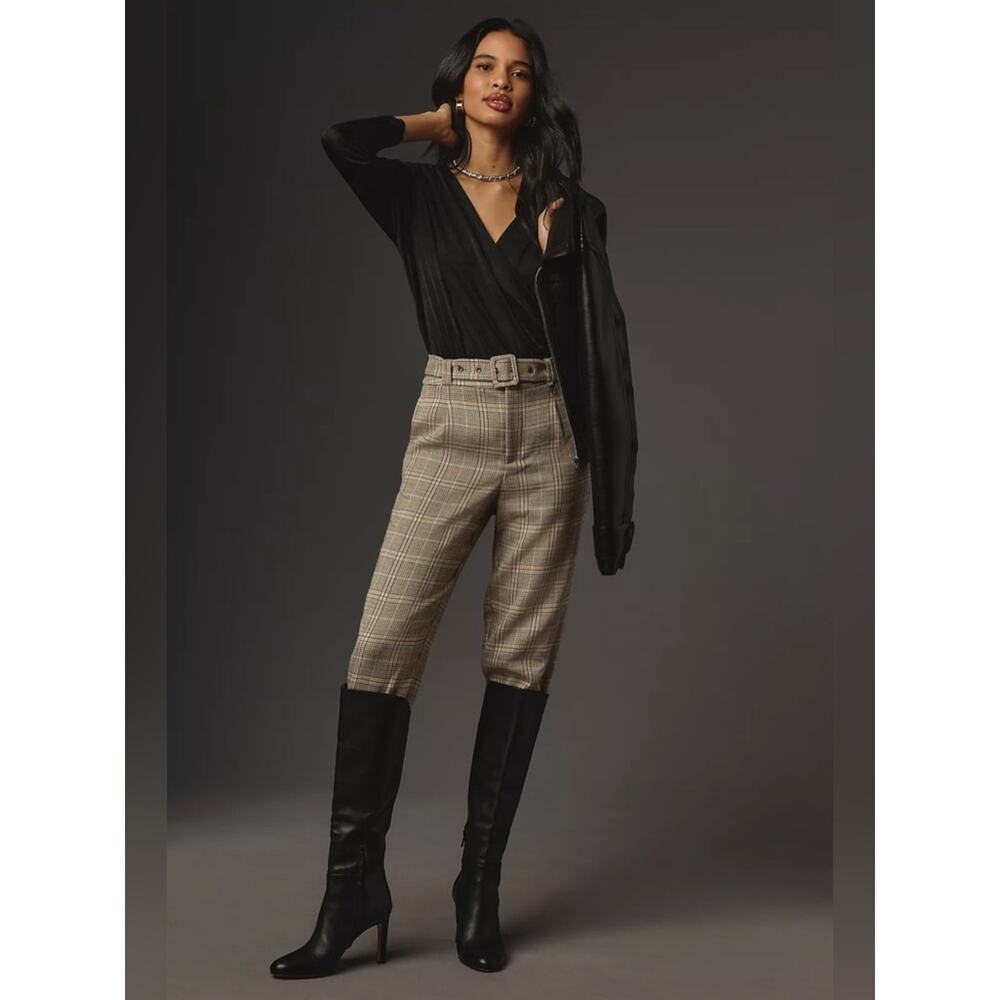 NWT Maeve By Anthropologie Boot Tuck Knit Trousers Plaid Brown Motif Size 4 - Picture 3 of 14
